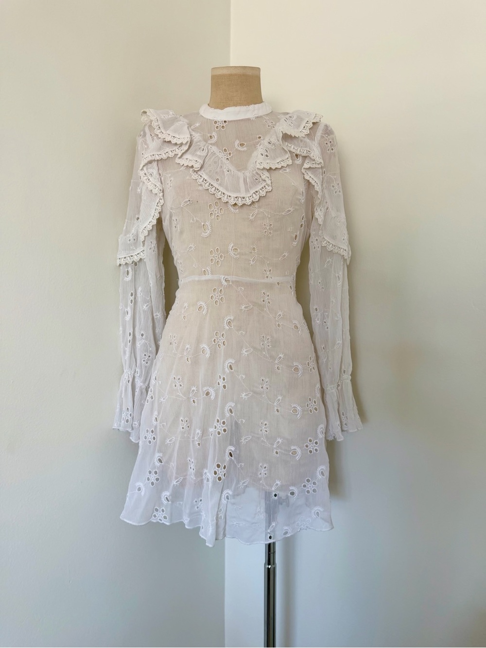 Urban Outfitters White Eyelet Lace Long-Sleeve Mini Dress